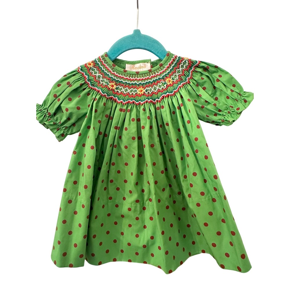Rosalina Collections Green Red Polka Dot Hand Smocked Baby Dress 6M Christmas
